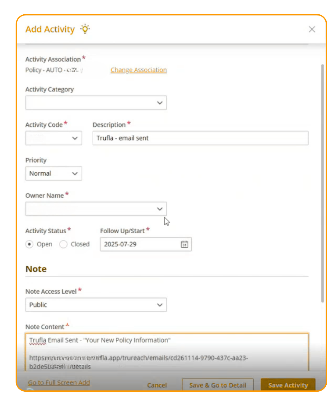example of a BMS activity with email recording